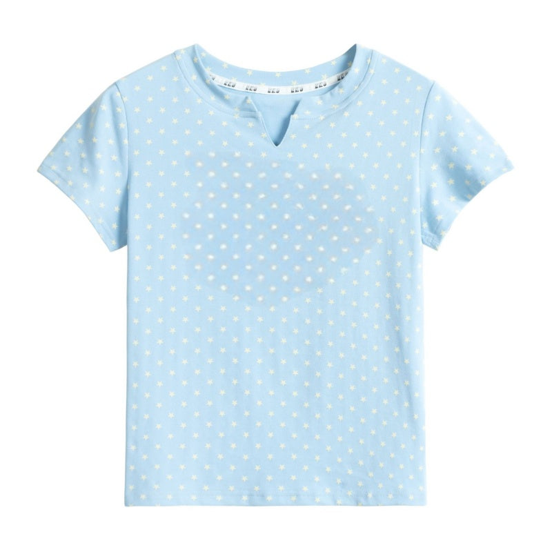 Blue T-Shirt with All-Over Star Print and Standard Shoulders